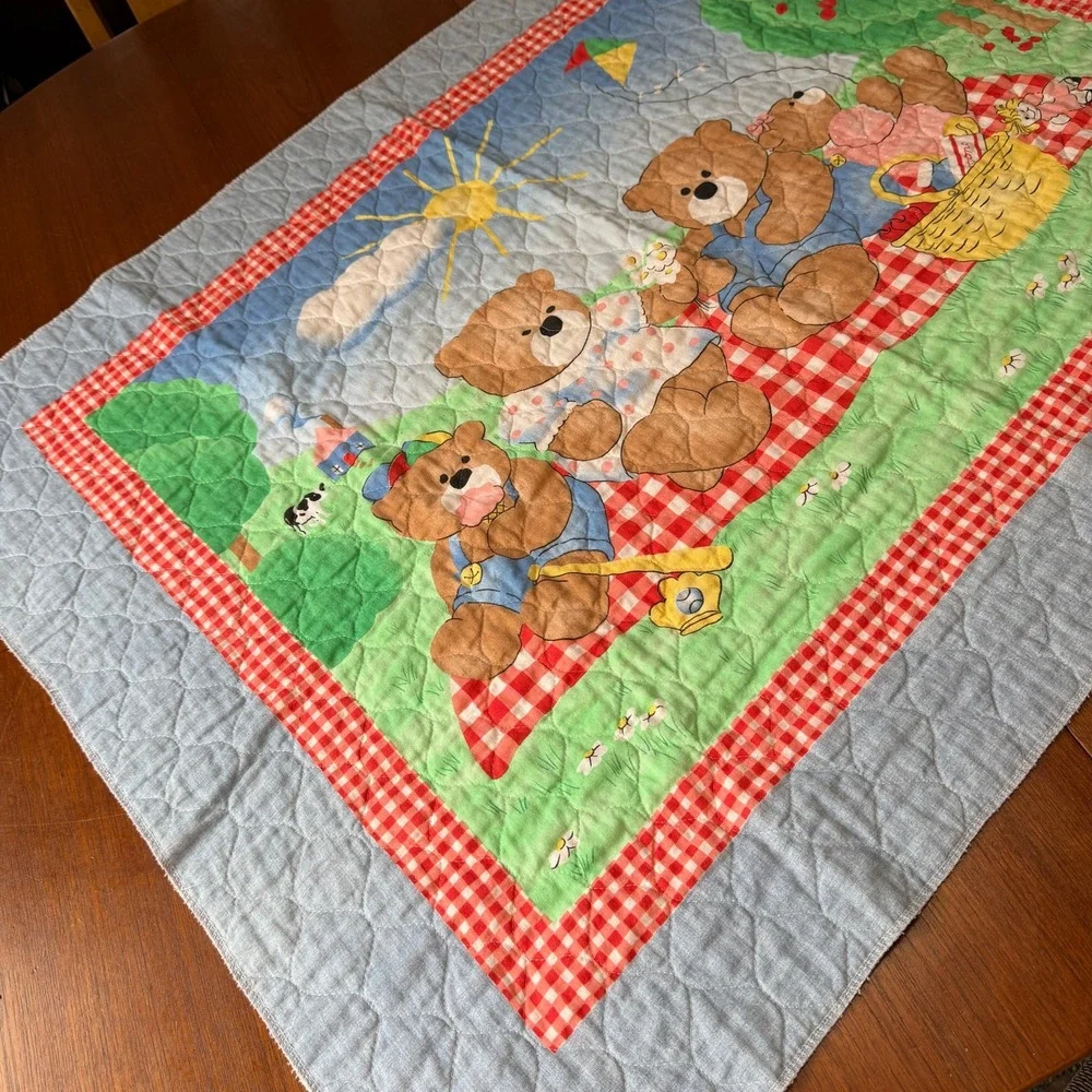 Vintage Teddy Bear Picnic Quilted Baby Blanket Red Gingham Cottagecore Retro
